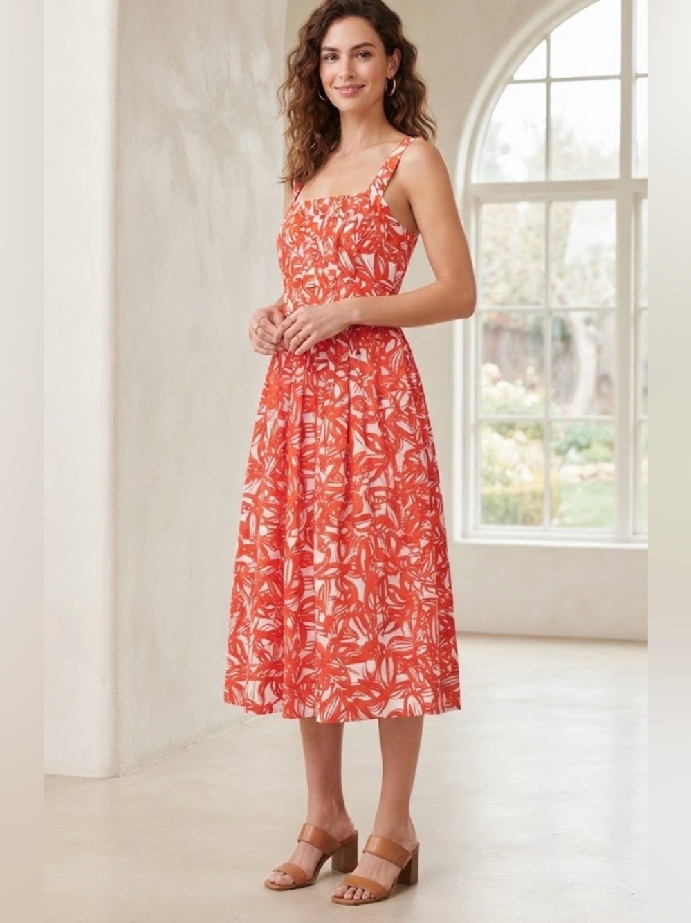 NWOT American Living orange white strap midi dress pleated bodice tie back 8